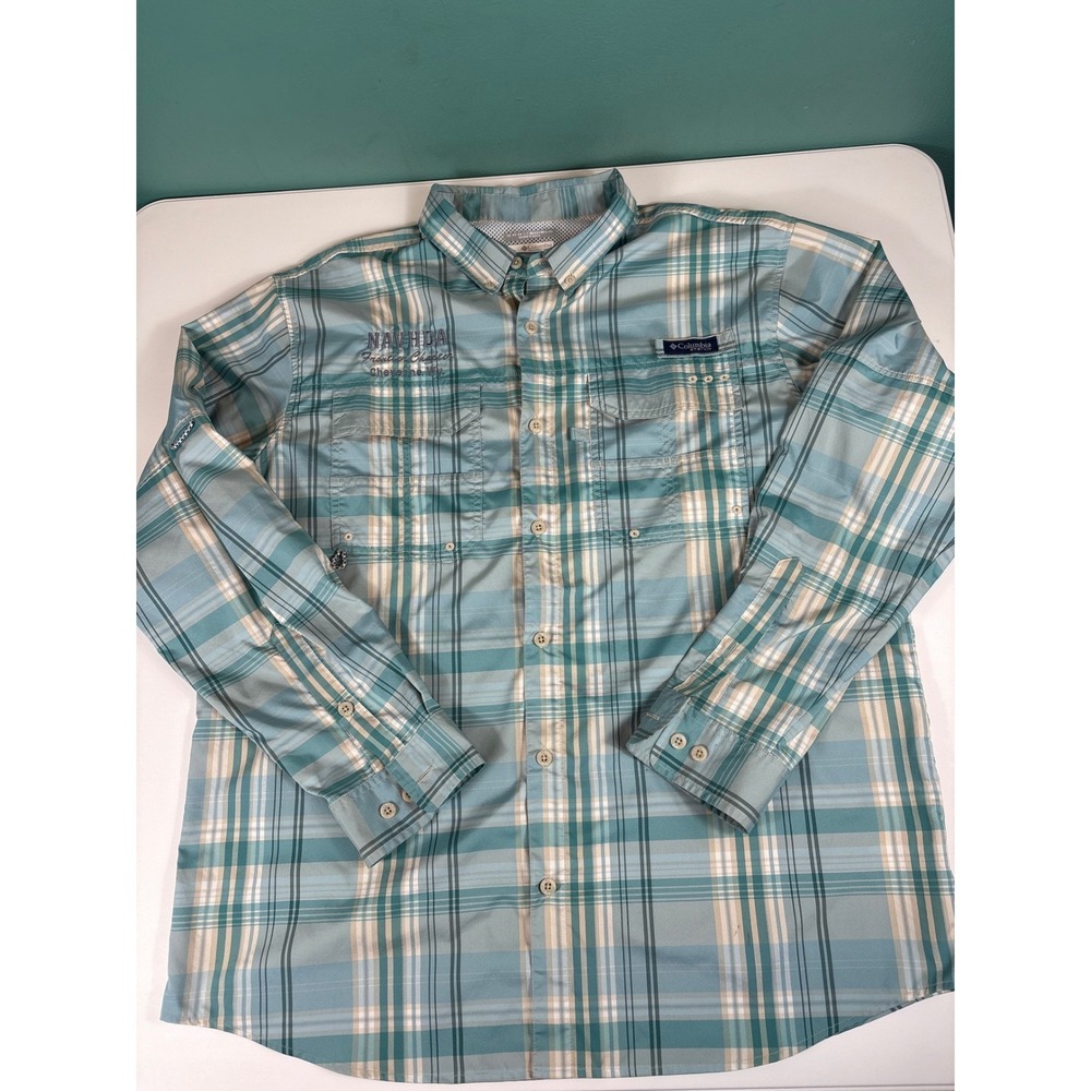 Columbia PFG NAVHDA Frontier Chapter Plaid Fishing Shirt Mens L Embroidered Logo